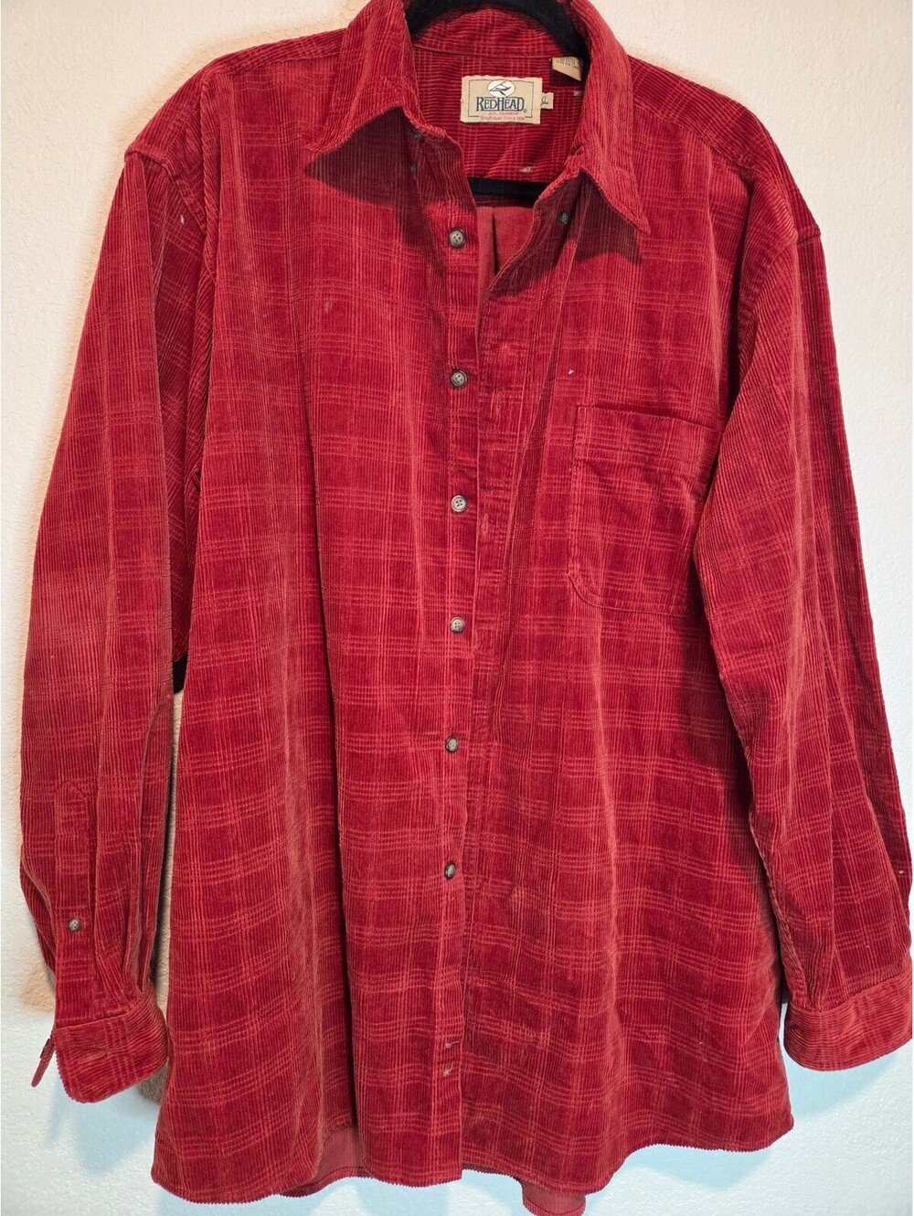 Vintage RedHead Men's Red Corduroy Button-Up Shirt, XL